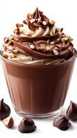 Delicious dessert cup filled with rich chocolate mousse and topped with whipped cream and nuts photo