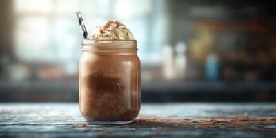 Creamy chocolate beverage with whipped topping served in a mason jar during a cozy interior setting photo