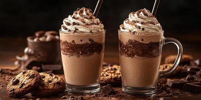 Delicious chocolate milkshakes topped with whipped cream and cookies on a wooden table photo