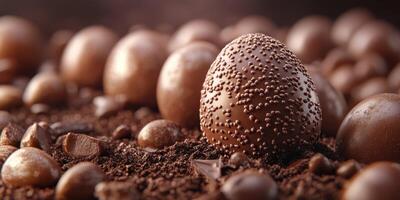 Chocolate confectionery arrangement with various treats on a textured surface highlighting an elegant chocolate egg photo