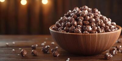 Chocolate-coated snacks piled in a wooden bowl with scattered pieces on a rustic table photo