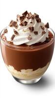 Delicious chocolate dessert served in a clear bowl topped with whipped cream and chocolate shavings photo