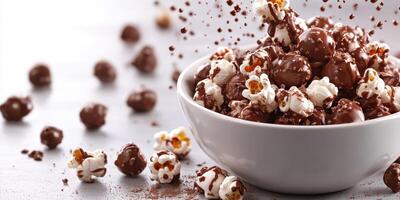 Deliciously coated popcorn with chocolate drizzling over a white bowl surrounded by chocolate crumbs photo