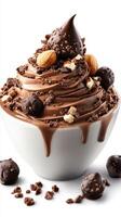 Indulgent chocolate dessert with rich toppings in a white bowl on a clean background photo
