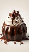 Delicious chocolate dessert topped with whipped cream and chocolate shavings in an elegant presentation photo