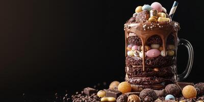 Decadent chocolate dessert tower with colorful candies and sweet toppings photo