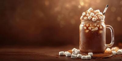 Warm cocoa with marshmallows in a glass jar on a rustic table during the evening hours photo