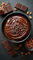 Smooth chocolate dessert topped with chocolate chips and surrounded by chocolate bars and almonds photo