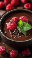 Delicious dark chocolate dessert topped with raspberries and mint in a rustic bowl ready for enjoyment photo