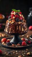 Decadent chocolate dessert topped with fresh berries and nuts served on a rustic table photo