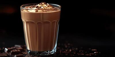 Delicious chocolate drink topped with whipped cream and chocolate shavings in a glass, perfect for any dessert lover photo