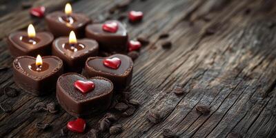 Heart-shaped chocolates with candles create a romantic atmosphere on a wooden table for an intimate evening photo