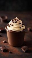 Decadent chocolate dessert cup topped with creamy frosting and chocolate shavings on a dark backdrop photo