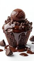 Decadent chocolate cupcake with melting ganache and chocolate chips on a clean white background photo