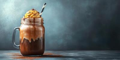 Delicious chocolate milkshake topped with whipped cream served in a mason jar on a textured surface photo