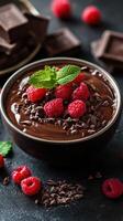 Rich chocolate dessert topped with fresh raspberries and mint leaves on a dark background creates an enticing culinary display photo