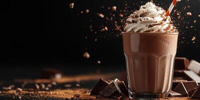 Rich chocolate shake topped with whipped cream and chocolate shavings enjoyed on a dark backdrop photo