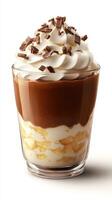 Delicious layered dessert with chocolate, cream, and crushed toppings served in a clear glass photo