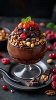 Decadent chocolate dessert topped with fresh fruits and nuts in an elegant bowl photo