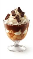 Decadent dessert featuring layers of chocolate cream and whipped topping with chocolate pieces on top photo