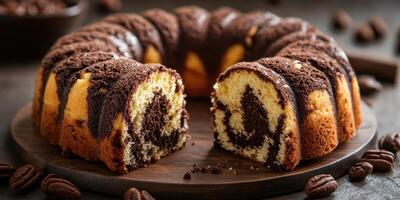Delicious marble cake with chocolate and vanilla layers presented on a wooden platter surrounded by coffee beans photo