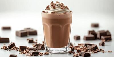Delicious chocolate beverage topped with whipped cream and chocolate shavings on a light surface photo