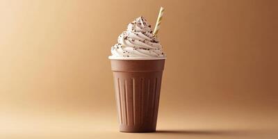 Delicious chocolate soft serve dessert served in a cup with a striped straw and chocolate sprinkles on top photo