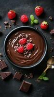Decadent chocolate mousse garnished with fresh raspberries and mint leaves on a dark background photo
