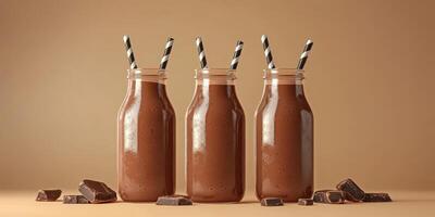 Enjoying creamy chocolate milkshakes in stylish glass jars with striped straws on a soft background photo
