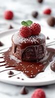 Decadent chocolate cake topped with fresh raspberries and drizzled with rich chocolate sauce served on a white plate photo
