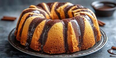 Delicious chocolate marble bundt cake on a dark plate with chocolate drizzle and dessert garnish at a rustic kitchen photo