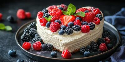 Delicious heart-shaped cake topped with fresh berries and mint leaves on a dark background photo