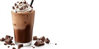 Delicious chilled chocolate beverage topped with cream and chocolate shavings in a glass on a clear surface photo