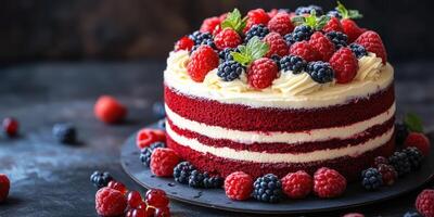 Delicious multi-layered red velvet cake topped with fresh berries, crafted for a special celebration in a cozy kitchen setting photo