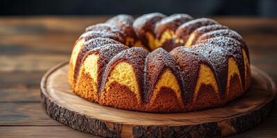 Beautifully baked bundt cake with a marbled design resting on a wooden cutting board photo