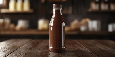 Chocolate milk bottle stands tall on rustic wooden table inside a cozy cafe with warm lighting and inviting atmosphere photo