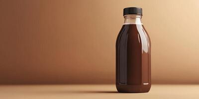 Bottle of dark liquid stands on a simple background highlighting its rich texture and color photo