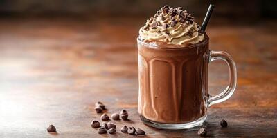 Rich chocolate milkshake topped with whipped cream and chocolate chips on a rustic wooden table photo