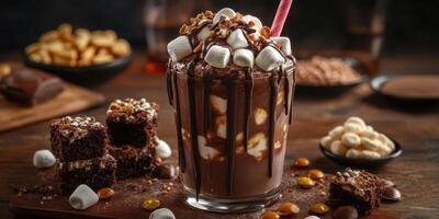 Delicious chocolate dessert drink topped with marshmallows and drizzled with syrup in a cozy setting photo