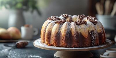 Moist pound cake with chocolate frosting and powdered sugar on a wooden cake stand in a cozy kitchen setting photo