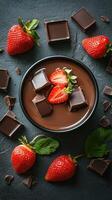 Indulgent chocolate fondue served with fresh strawberries and dark chocolate pieces on a dark surface photo