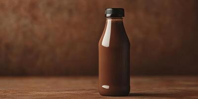 Chocolate drink in glass bottle with dark textured background showcasing rich color and smooth surface photo