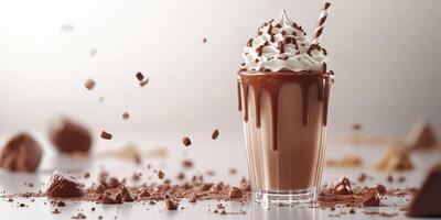 Delicious chocolate dessert with whipped cream and chocolate shavings in a glass on a light background photo