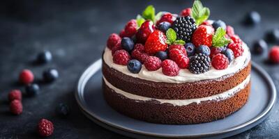 Delicious chocolate cake topped with fresh berries and mint served on a dark table photo