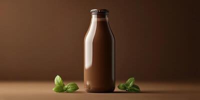 Glass bottle filled with creamy chocolate drink and fresh mint leaves on a brown surface photo