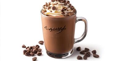 Warm mocha drink topped with whipped cream and chocolate chips served in a clear glass mug photo