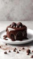 Delicious round chocolate cake topped with cocoa truffles and drizzled chocolate sauce on a white plate photo