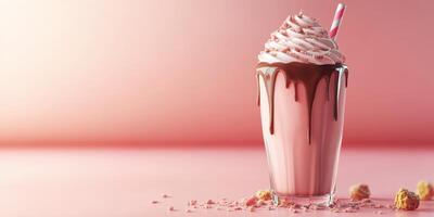 Indulgent milkshake with chocolate drizzle and whipped cream on pink background photo