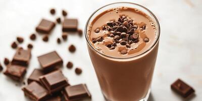 Delicious chocolate drink topped with chocolate chips and surrounded by chocolate squares photo
