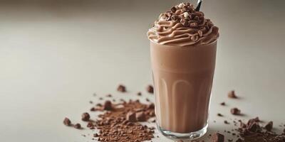 Creamy chocolate milkshake topped with whipped cream and chocolate shavings on a light background photo